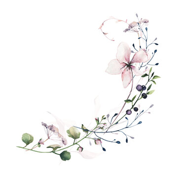recommend clip art: Watercolor painted floral semi circle wreath frame. Pink flowers, blue, green wild meadow and swamp twigs, moss branch, turquoise leaves. Hand drawn illustration clip art. Watercolour template design
