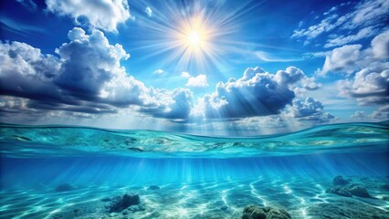 Obraz premium Split underwater view with sunny sky and serene sea , underwater, ocean, sunny, sky, serene, sea, split view