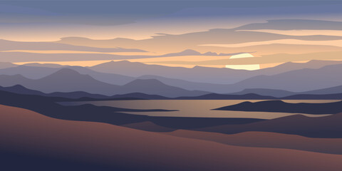 Obraz premium Nature landscape illustration with lake view at sunset