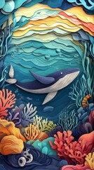 Underwater scene with colorful corals and a whale swimming through a vibrant ocean landscape. Digital illustration in a vivid artistic style.
