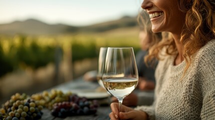 A woman in a cozy sweater savors a glass of white wine in a vineyard, surrounded by tables with grapes, representing relaxation, enjoyment, and the pleasures of life.