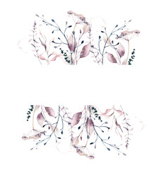 Watercolor painted floral rectangular border frame. Growing blush pink flowers, branches, dark blue wild berries, twigs, leaves. Hand drawn illustration. Watercolour artistic template design.