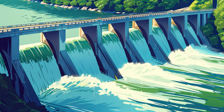 Dam failures are the sudden floods of destruction, engulfing communities in turmoil: Illustrate a dam failure as a rushing flood of water