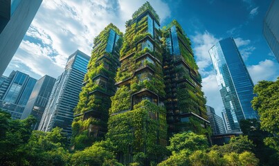 Vertical farming skyscrapers in an urban setting, representing sustainable agriculture