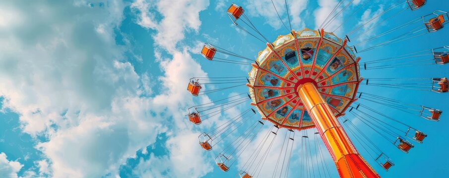 Brightly colored spinning amusement ride under a vibrant blue sky.