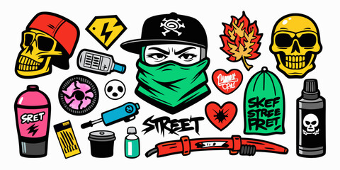 Street spray graffiti element set, sticker kit balaclava, vector grunge etro urban ghetto print. Gangster tattoo kit, underground can hip-hop sign, heart, skull silhouette, arrow. Street graffiti