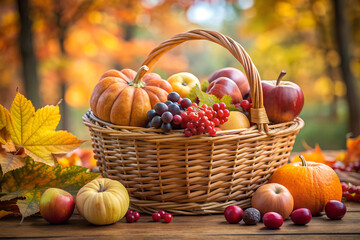 Autumn atmosphere, basket with pumpkins on the background of autumn leaves, blurred background