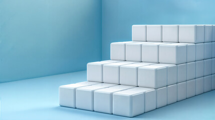 White cubes staircase on blue background. Minimalist style. Growth, success, development concept. Abstract background for design, banner, poster, wallpaper