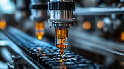Close-up of an automated machine dispensing liquid into clear vials on a modern pharmaceutical production line.