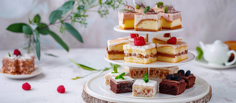 Elegant layered cake stand with mini desserts pastries for high tea afternoon tea party wedding catering food photography culinary styling event celebration
