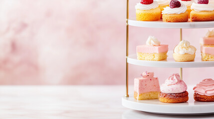 Delicate pastel pink mini cakes with whipped cream on marble table elegant high tea or bridal shower party dessert styling feminine aesthetic sweets presentation
