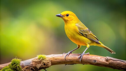 Obraz premium Yellow bird perched gracefully on a fallen branch, wildlife, nature, birdwatching, peaceful, tranquility, bright, colorful, feathers