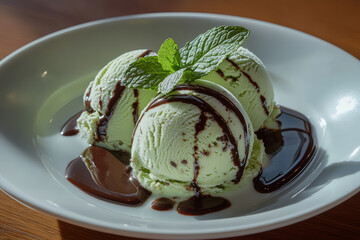Scoops of green ice cream with chocolate sauce on top and a mint leaf 
