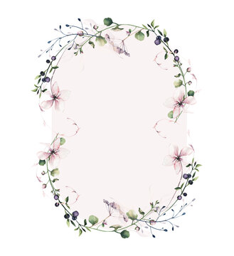 recommend clip art: Watercolor painted floral vertical oval frame. Pink flowers, blue, green wild meadow and swamp twigs, moss branch leaves. Hand drawn illustration clip art. Watercolour artistic template design.