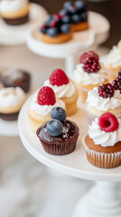 Mini cupcakes with raspberry blueberry and blackberry toppings elegant dessert presentation for weddings parties and bridal showers featuring gourmet pastries and stylish display on white stands