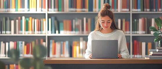 Young woman student study in the school library. She using laptop and learning online