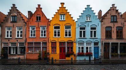 Fototapeta premium Colorful historic houses lining a cobblestone street in Bruges on a rainy day