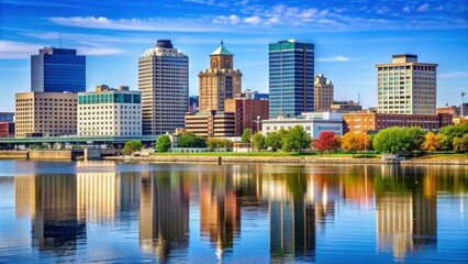 Fototapeta premium Downtown Peoria, Illinois skyline with modern buildings and waterfront views, Peoria, Illinois, downtown, skyline