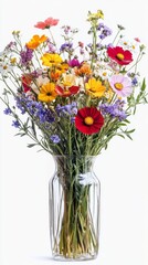 A Vibrant Bouquet of Colorful Wildflowers in a Glass Vase on a White Background, Exuding Natural Beauty and Serenity.