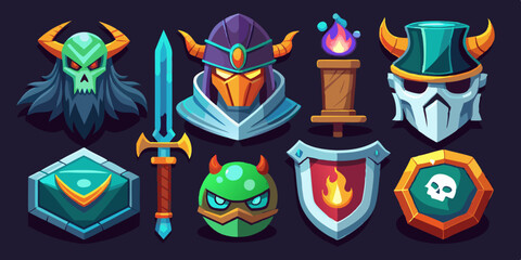 Game fantasy icon set, vector magic dungeon dragon RPG sign, medieval warrior avatar, fairytale sign. Knight battle sword, armour helmet, power weapon, witch hat, potion cauldron. Fantasy icon kit