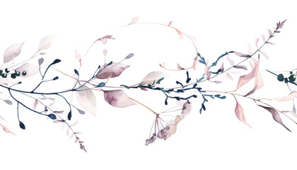 Watercolor painted floral seamless two sided border frame. Blush pink flowers, branches, dark blue wild berries, twigs, leaves. Hand drawn illustration. Watercolour artistic template design.
