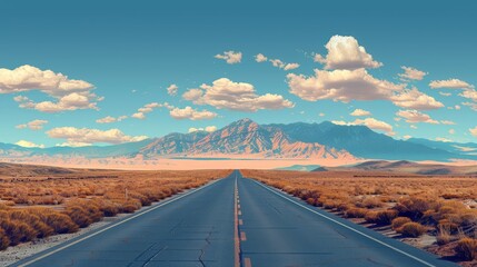Open road leading to distant mountains under a clear blue sky with fluffy clouds