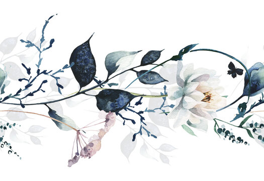 Watercolor painted floral seamless two sided border frame. White lotus flowers, dark blue and pink wild twigs, branches, leaves. Hand drawn illustration. Watercolour artistic template design.