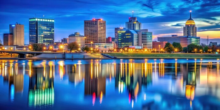 Evansville, Indiana skyline at blue hour with illuminated buildings reflecting in the river , Evansville, Indiana