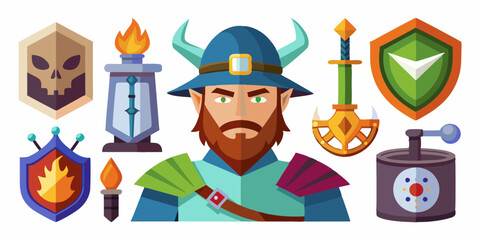 Game fantasy icon set, vector magic dungeon dragon RPG sign, medieval warrior avatar, fairytale sign. Knight battle sword, armour helmet, power weapon, witch hat, potion cauldron. Fantasy icon kit