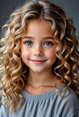 Naklejka premium a portrait of a little girl with fluffy blond curly hair on a gray background.