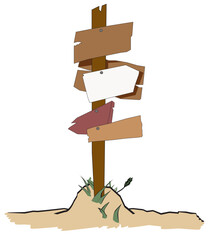Wooden signposts with five planks in opposite directions, Mock up, template