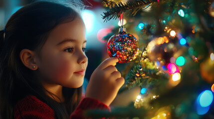 Naklejka premium A young child placing a handmade ornament on a brightly lit Christmas tree, with decorations all around.