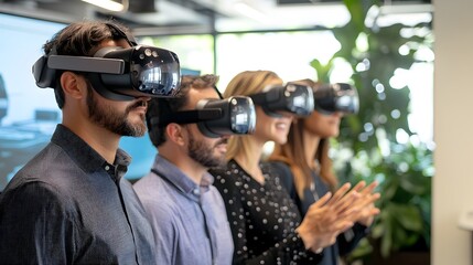 Obraz premium Diverse Team Leverages Virtual Reality for Fintech Compliance Training and