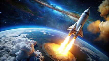 Obraz premium Rocket flying into space with earth in background, space, rocket, exploration, launch, earth, planet, universe, technology