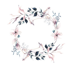 Watercolor painted floral round frame. Pink flowers, deep blue wild meadow and forest twigs, moss...