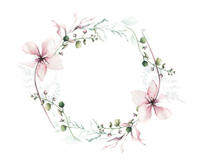 Watercolor painted floral round frame. Pink flowers, blue, green wild meadow and swamp twigs, moss branch, turquoise leaves. Hand drawn illustration clip art. Watercolour artistic template design.