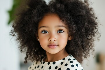 young African American girl, around 6 years old, standing confidently in a cream colored dress with black polka dots