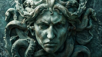 Sculpture of Medusa with snakes intricately carved in stone wall at dusk