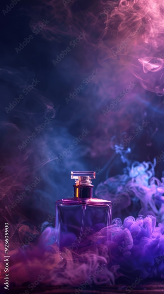 Poster a stunning bottle sits elegantly amidst a swirl of colorful smoke, creating an enchanting and mystic