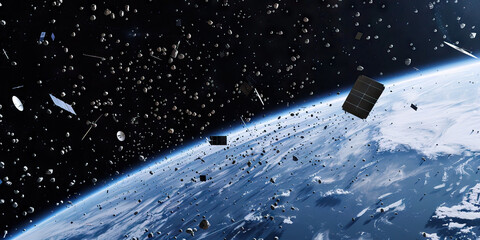 Space debris is the orbital minefield of technology, endangering satellites and space exploration: Picture space debris as a field of debris orbiting Earth, symbolizing the risks posed by human-made