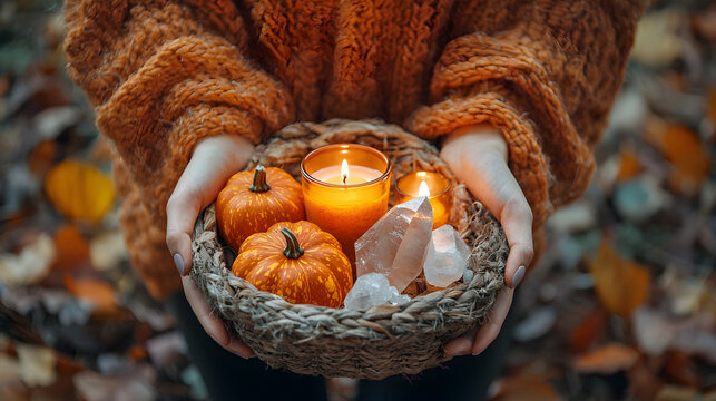 Femme tenant un panier rempli de cristaux, de citrouilles et de bougies