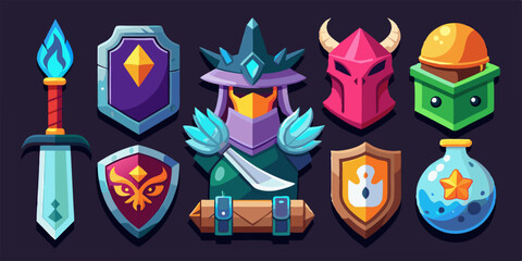 Game fantasy icon set, vector magic dungeon dragon RPG sign, medieval warrior avatar, fairytale sign. Knight battle sword, armour helmet, power weapon, witch hat, potion cauldron. Fantasy icon kit