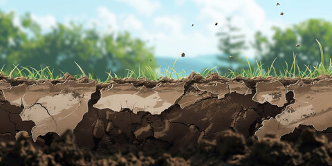 Soil erosion is the gradual erosion of life, depleting fertile soil and harming agriculture: Depict soil erosion as a crumbling landscape, symbolizing the loss of fertile soil due to unsustainable
