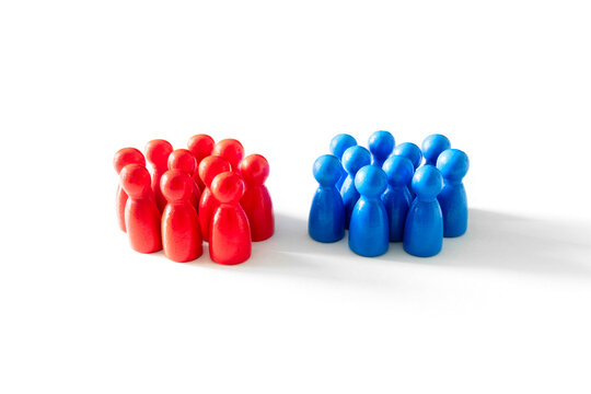 Opposition and conflict concept blue and red wooden pawn business teams on white background