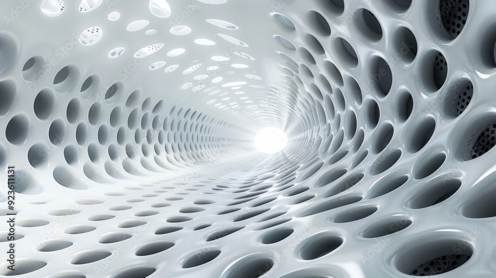 Poster abstract view of a futuristic tunnel structure with round openings and bright light at the end