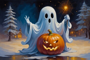 Colorful abstract painting portrait of a spooky Halloween Ghost, seasonal holiday autumn fall theme concept texture design.	