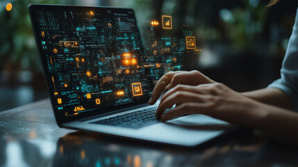 Process to increase productivity concept, businessman using laptop with efficiency icons, industrial management, lean cost, productivity growth, modern business strategy, 3D background