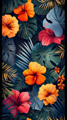 Fototapeta premium Seamless pattern with flowers, leaves, and abstract colors for a vintage wallpaper or nature-inspired design.