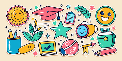 Kids doodle motivational sticker set, vector school child inspiration quote hand drawn baby scribble. Kindergarten class graduate badge, colorful crayon handwriting star medal. Kids doodle lettering