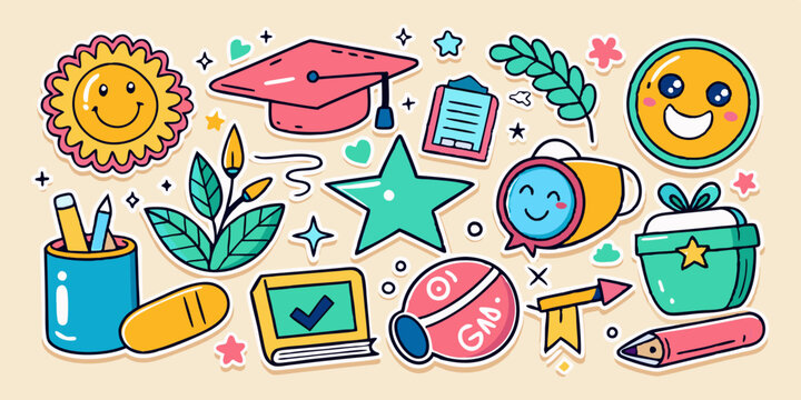 Kids doodle motivational sticker set, vector school child inspiration quote hand drawn baby scribble. Kindergarten class graduate badge, colorful crayon handwriting star medal. Kids doodle lettering